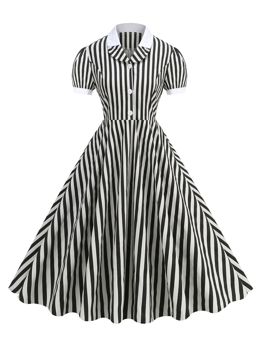 She slips into this 1950s Peter Pan Collar Black &amp; White Stripes Dress and suddenly it&