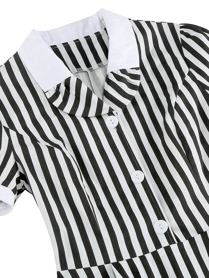 1950s Peter Pan Collar Black &amp; White Stripes Dress — a 1950s silhouette that turns sidewalks into runways