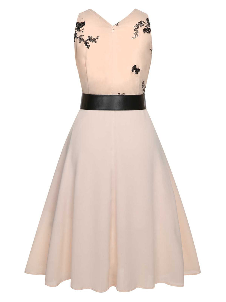 1950s Pink Butterfly Sleeveless Dress With Belt - vintage dress, retro fashion, rockabilly