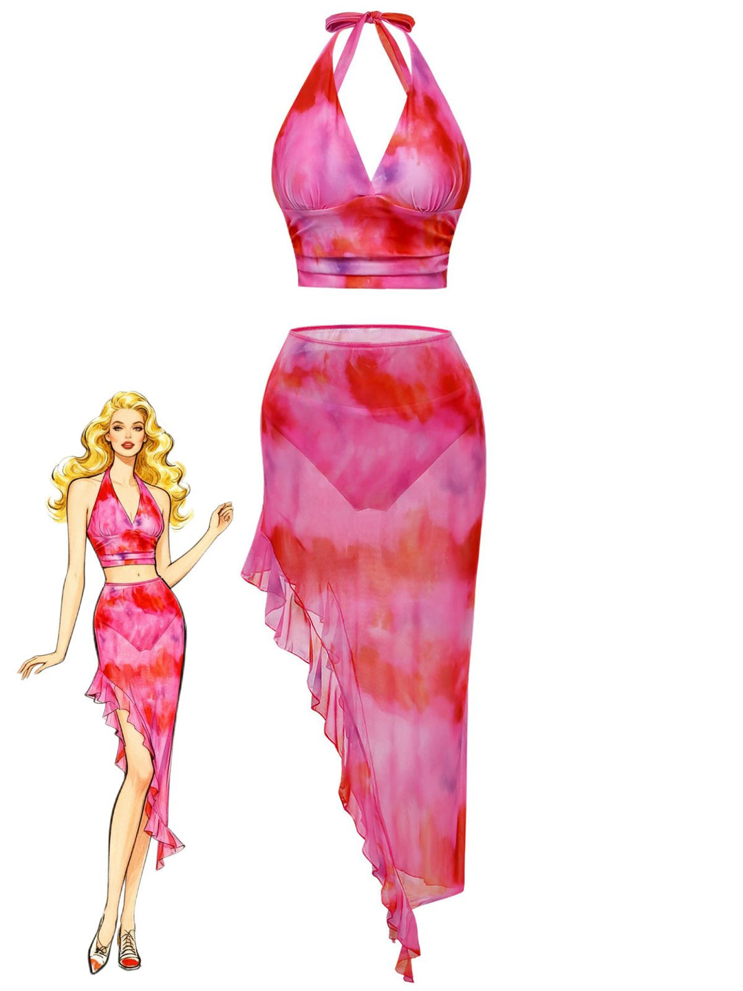 Pink 1950s Gradient Halter Tankini Set &amp; Asymmetric Cover-Up - vintage fashion, retro style