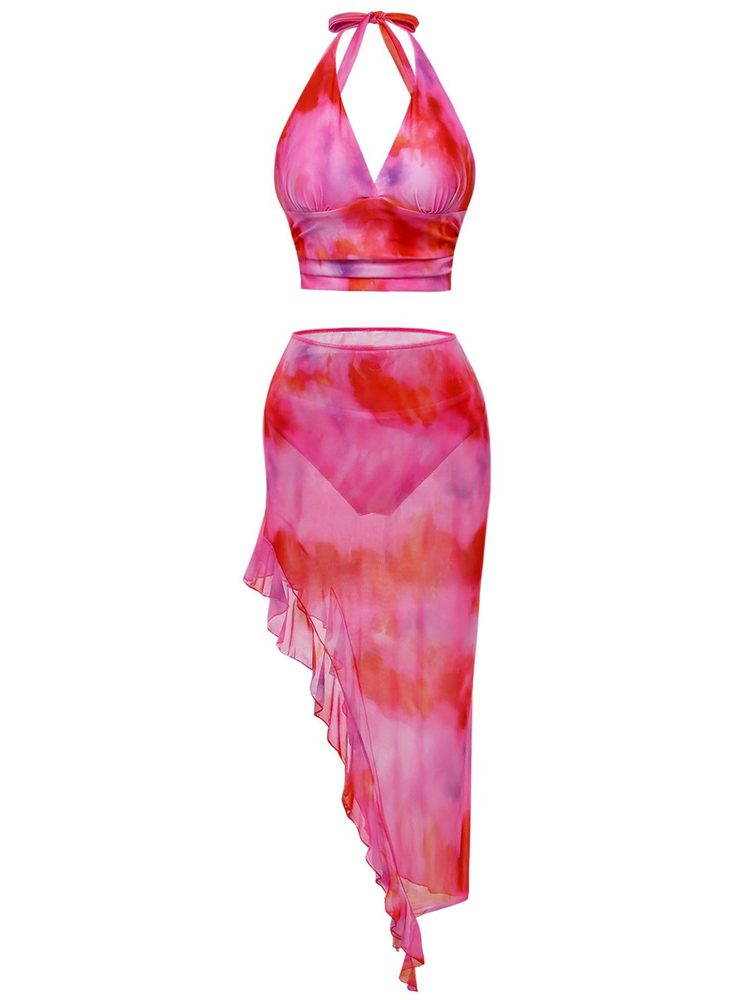 Pink 1950s Gradient Halter Tankini Set &amp; Asymmetric Cover-Up - vintage fashion, retro style
