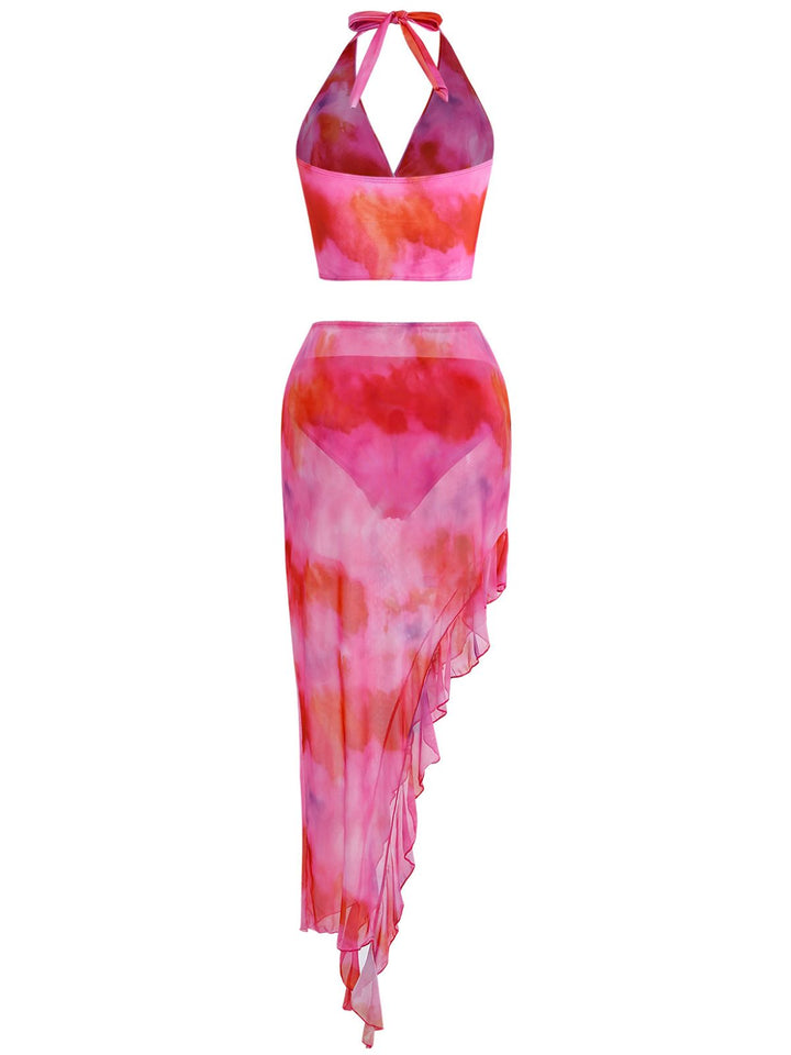 Pink 1950s Gradient Halter Tankini Set &amp; Asymmetric Cover-Up - vintage fashion, retro style