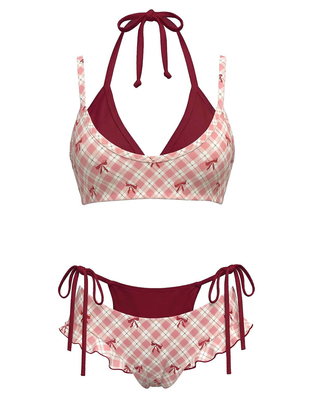 Plaid Bow Halter Double Layer Bikini Set - vintage fashion, retro style
