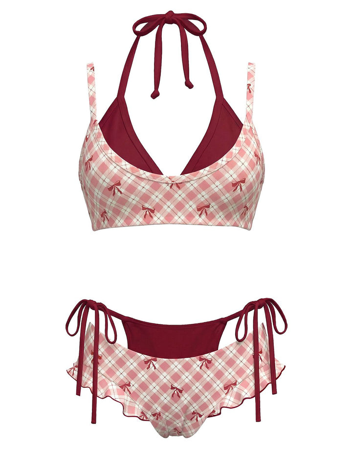 Plaid Bow Halter Double Layer Bikini Set - vintage fashion, retro style