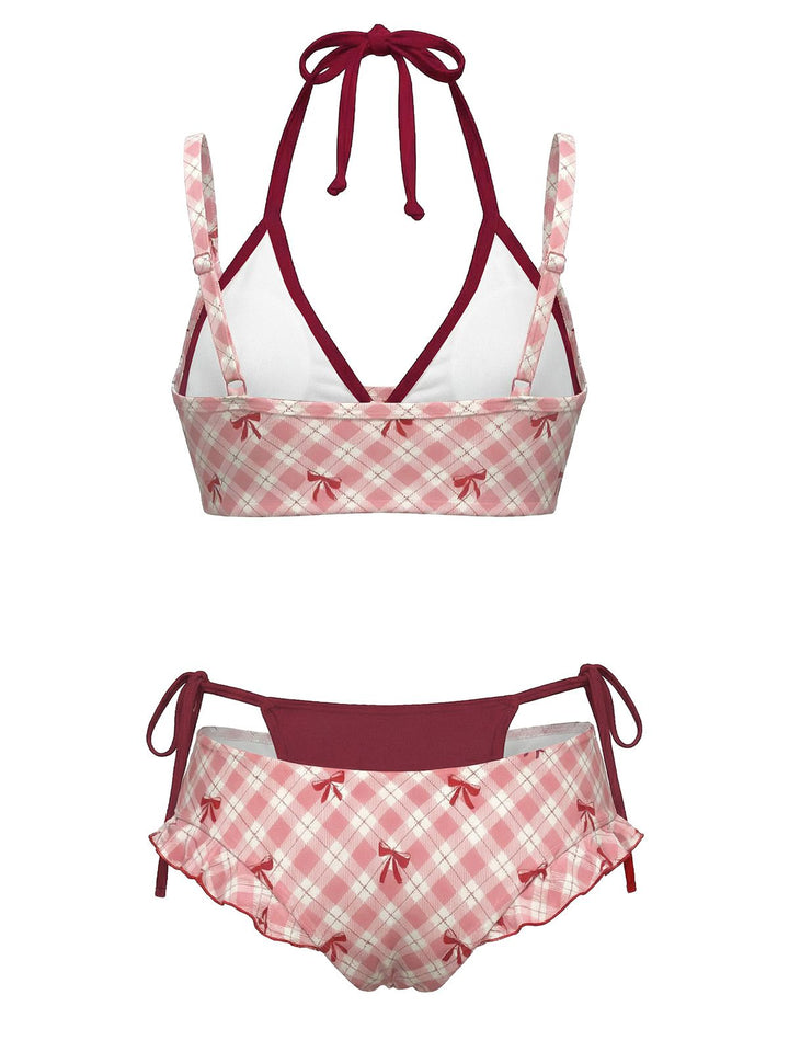 Plaid Bow Halter Double Layer Bikini Set - vintage fashion, retro style