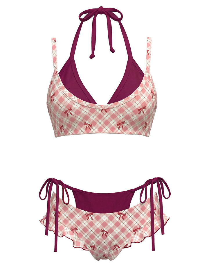 Plaid Bow Halter Double Layer Bikini Set - vintage fashion, retro style