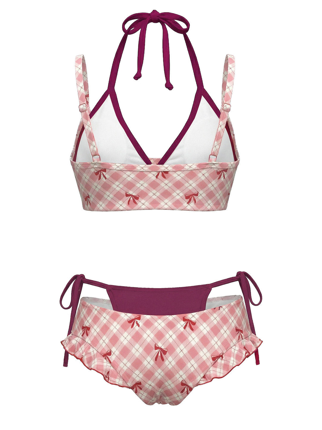 Plaid Bow Halter Double Layer Bikini Set - vintage fashion, retro style