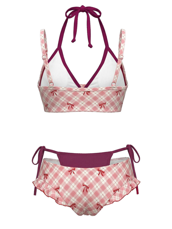 Plaid Bow Halter Double Layer Bikini Set - vintage fashion, retro style