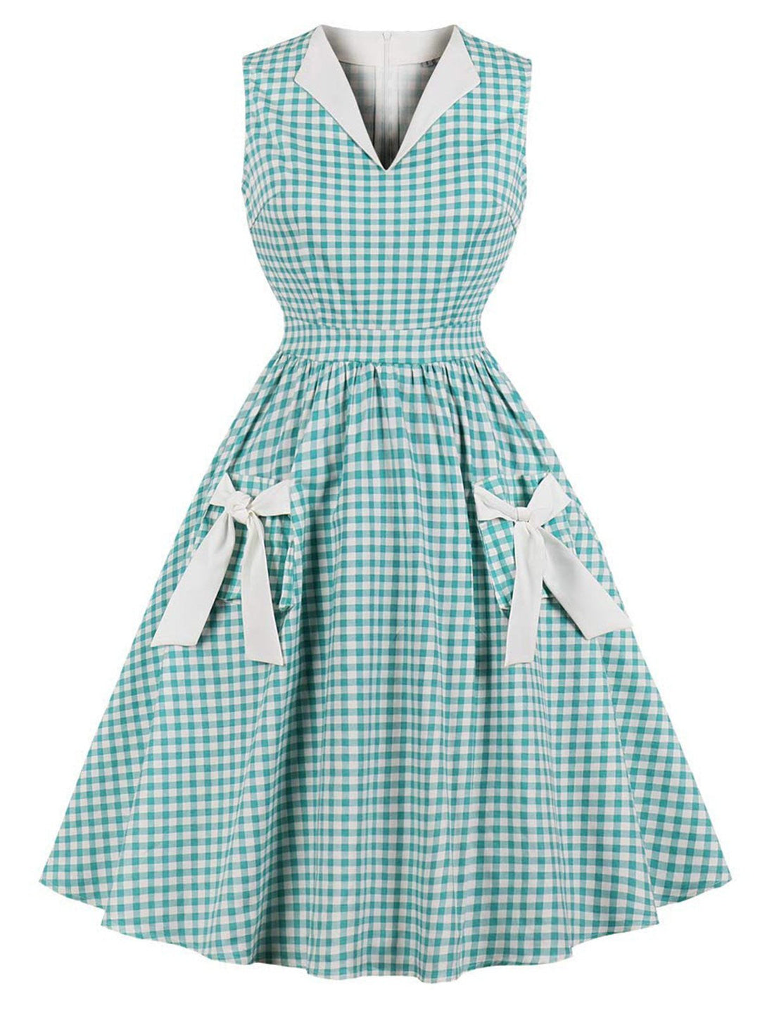 She slips into this 1950s Plaid Bow Pockets Lapel Dress and suddenly it&