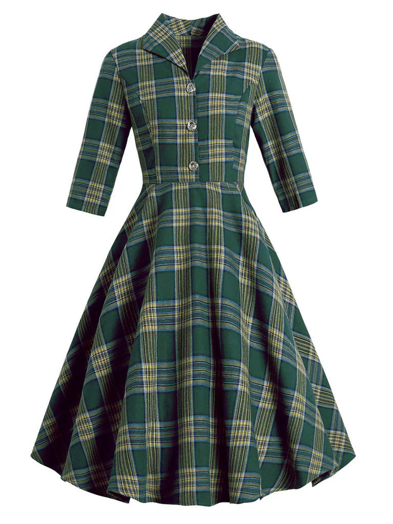 1950s Plaid Button Swing Dress, classic 1950s style elegant fashion - Image 1