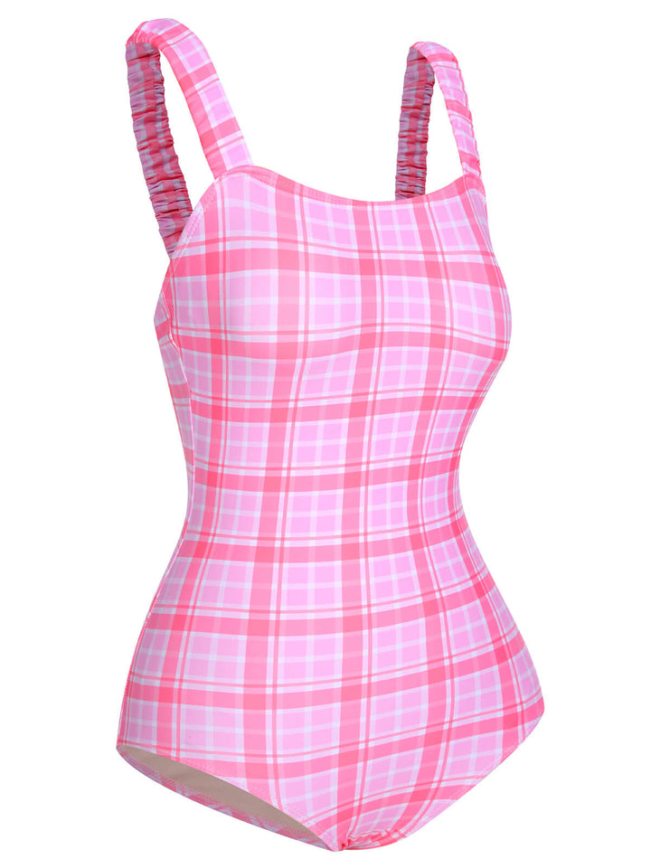 1950s Plaid Elastic Gathers One-Piece Swimsuit, vintage swimsuit, pin-up swimwear - perfect for women who love vintage and retro fashion