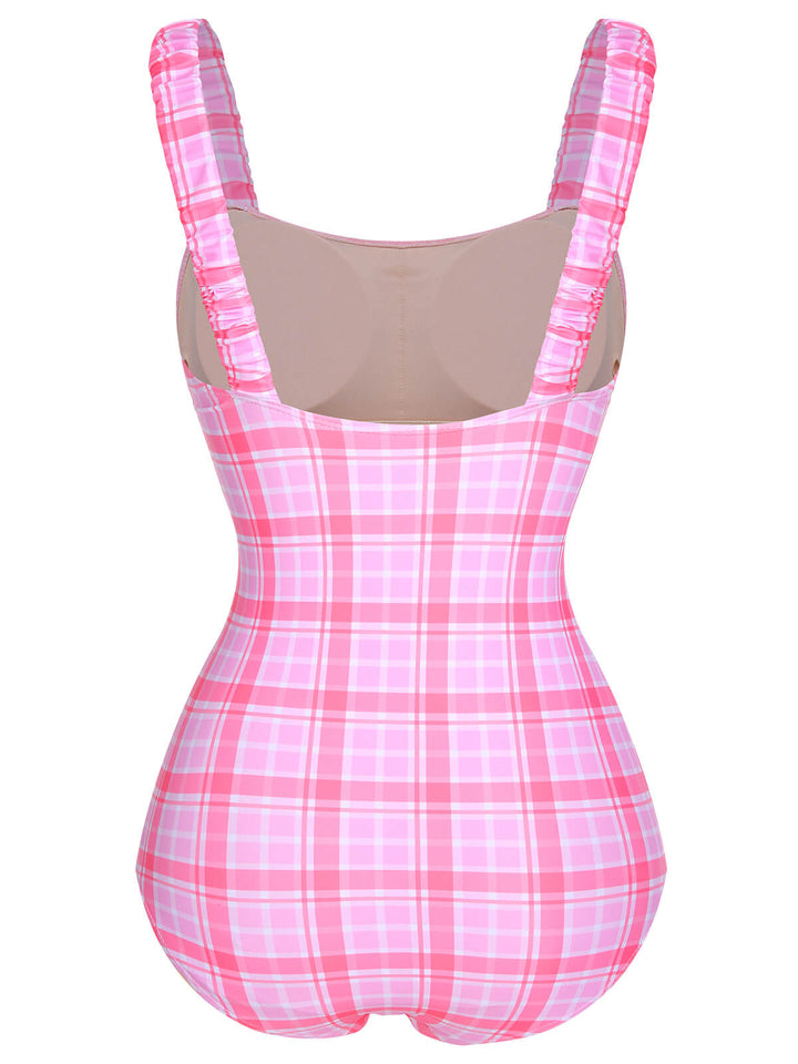 1950s Plaid Elastic Gathers One-Piece Swimsuit, vintage swimsuit, pin-up swimwear - perfect for women who love vintage and retro fashion