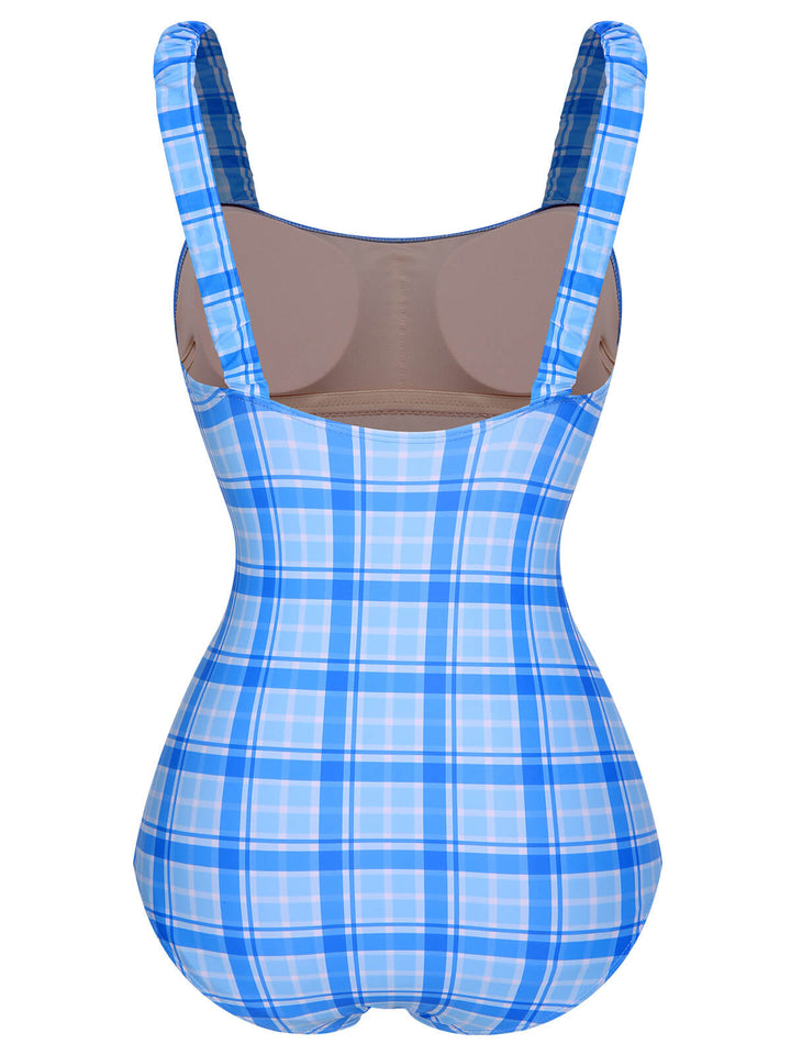 1950s Plaid Elastic Gathers One-Piece Swimsuit, vintage swimsuit, pin-up swimwear - perfect for women who love vintage and retro fashion