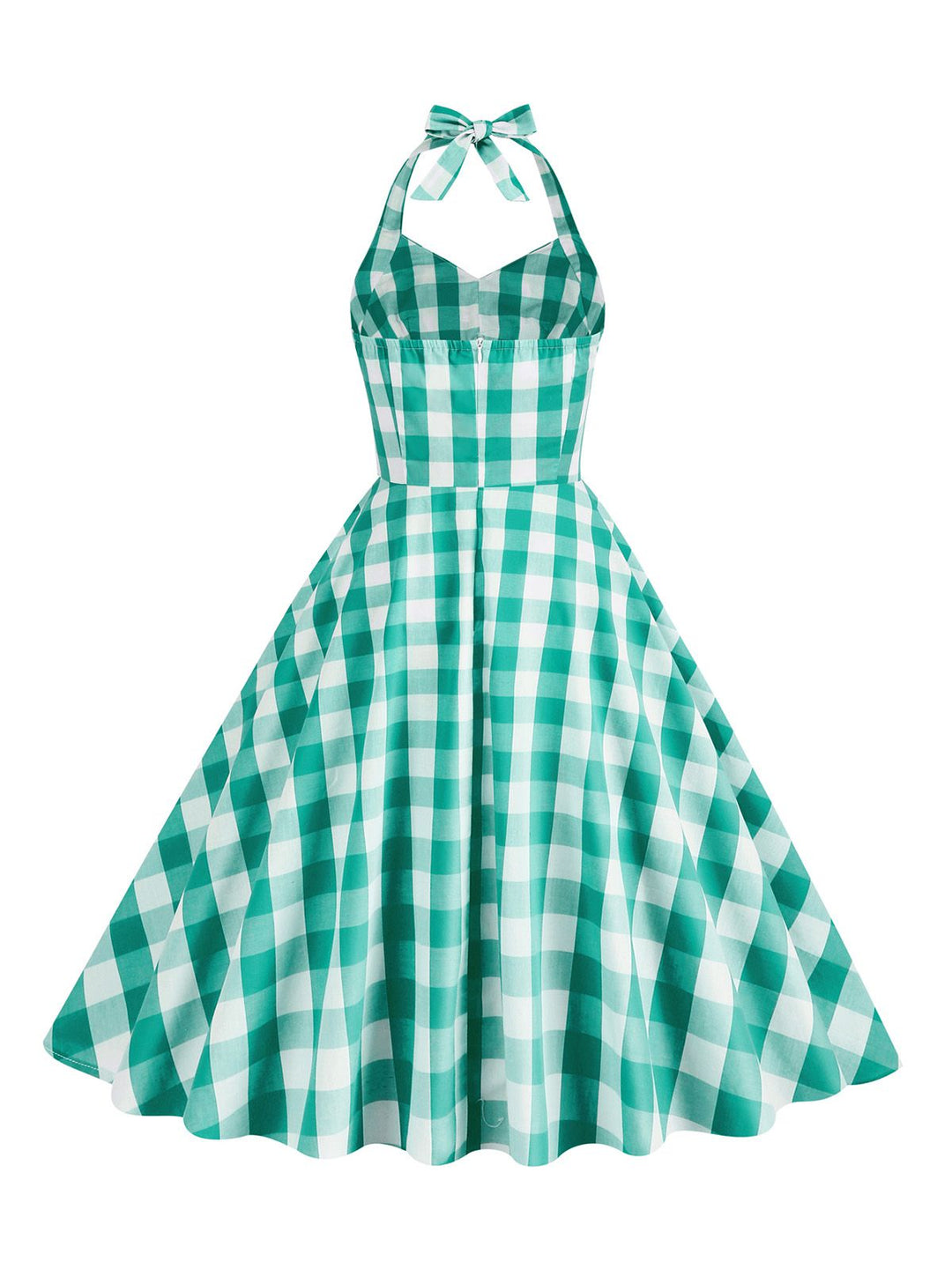 She slips into this 1950s Plaid Halter Swing Dress and suddenly it&