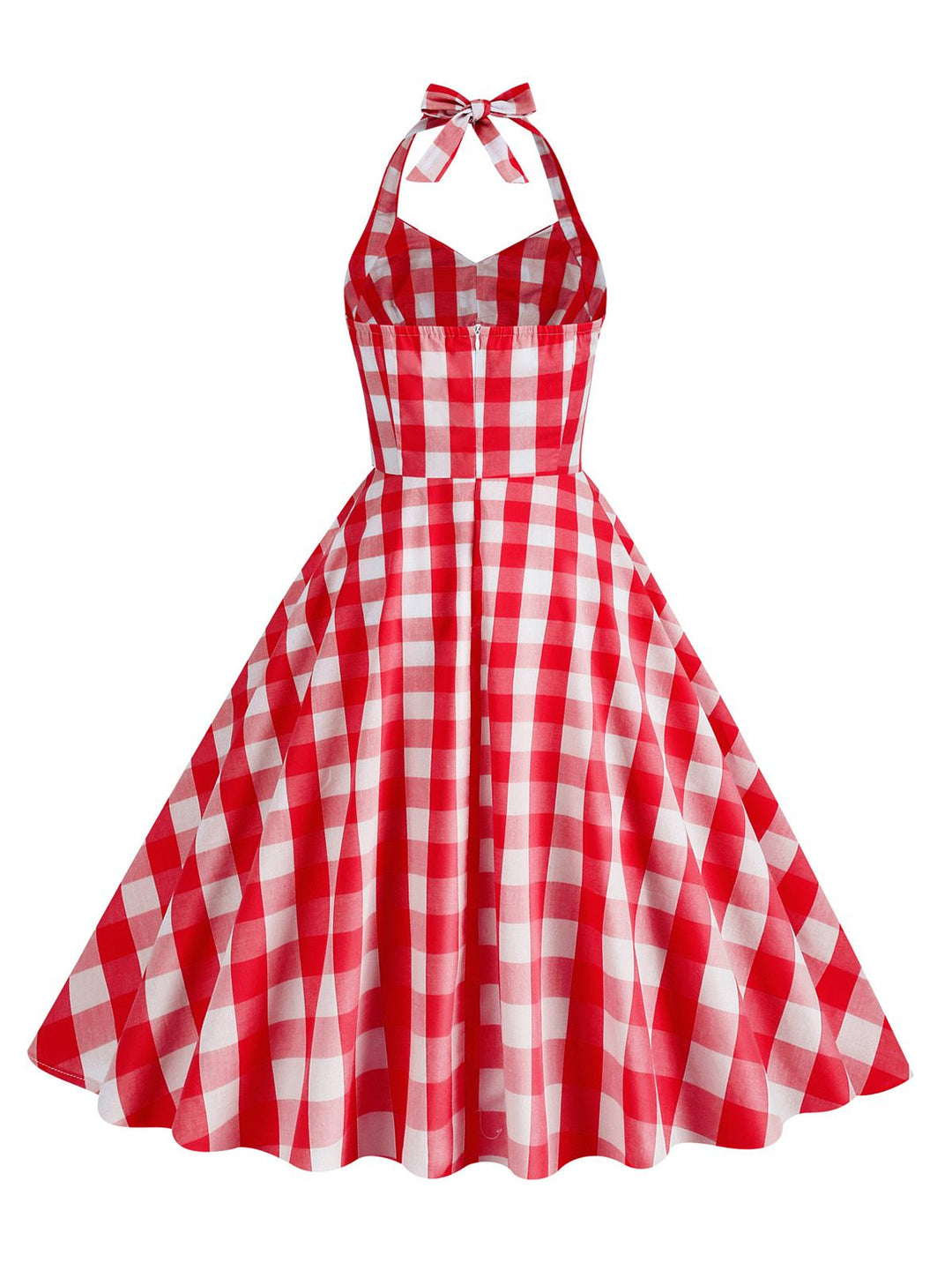 She slips into this 1950s Plaid Halter Swing Dress and suddenly it&