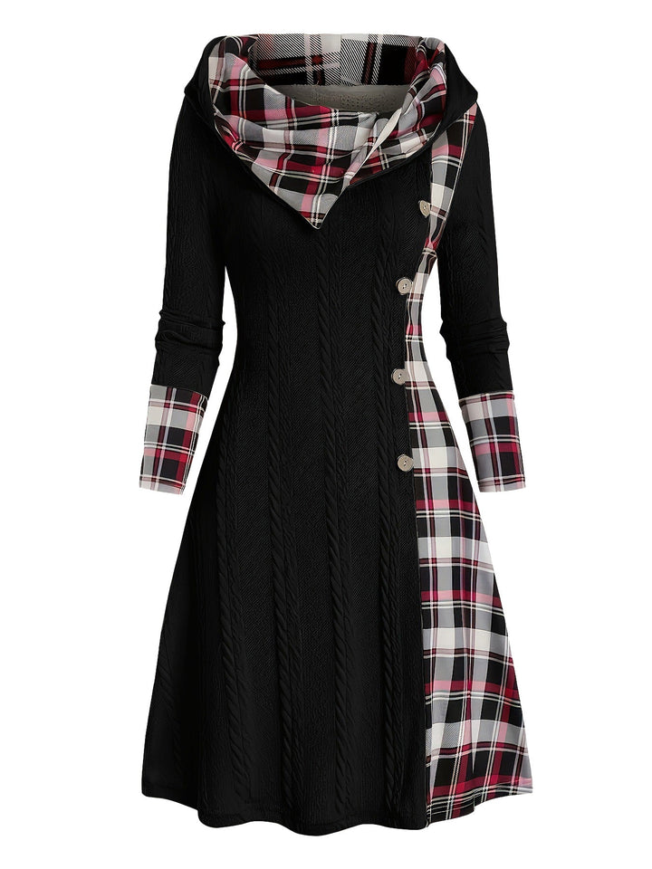 1950s Plaid Knit Hooded Dress — a 1950s silhouette that turns sidewalks into runways