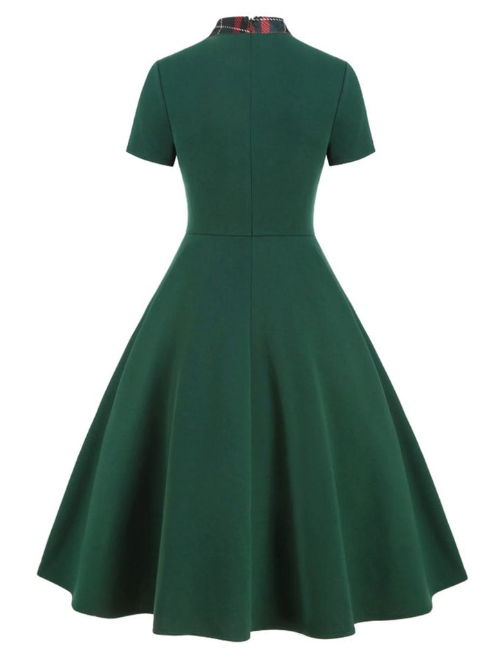 1950s Plaid Patchwork Bow Swing Dress, classic 1950s style elegant retro fashion - Image 3