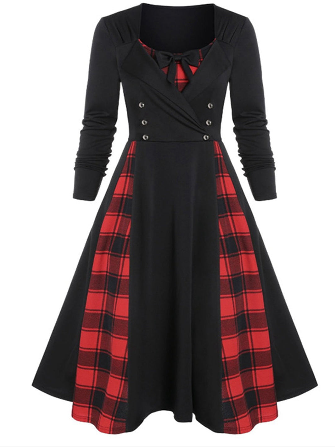 She slips into this 1950s Plaid Patchwork Gothic Pleated Dress and suddenly it&
