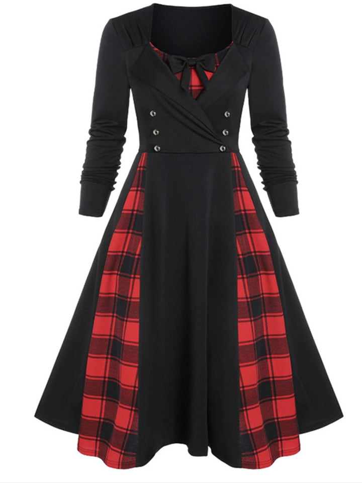 She slips into this 1950s Plaid Patchwork Gothic Pleated Dress and suddenly it&