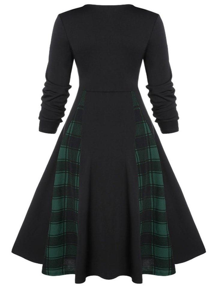 1950s Plaid Patchwork Gothic Pleated Dress — a 1950s silhouette that turns sidewalks into runways