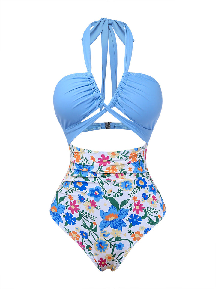 Plunge V-Neck Halter Cutout One-Piece Swimsuit, vintage swimsuit, swimwear - perfect for women who love vintage and retro fashion
