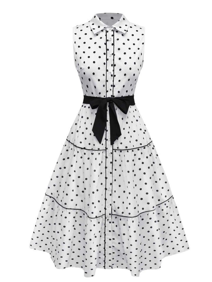 1950s Polka Dot Belted Sleeveless Shirt Dress - vintage dress, retro fashion, rockabilly