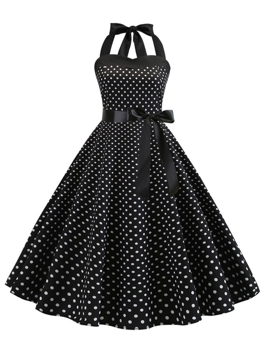 1950s Polka Dot Bow Tie Halter Swing Dress — a 1950s silhouette that turns sidewalks into runways