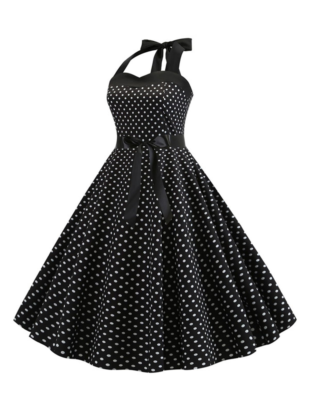 She slips into this 1950s Polka Dot Bow Tie Halter Swing Dress and suddenly it&