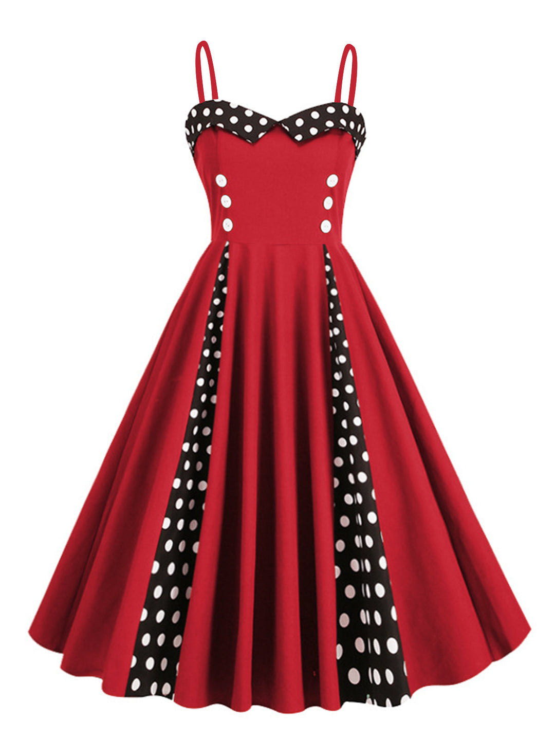 She slips into this 1950s Polka Dot Contrast Spaghetti Strap Dress and suddenly it&