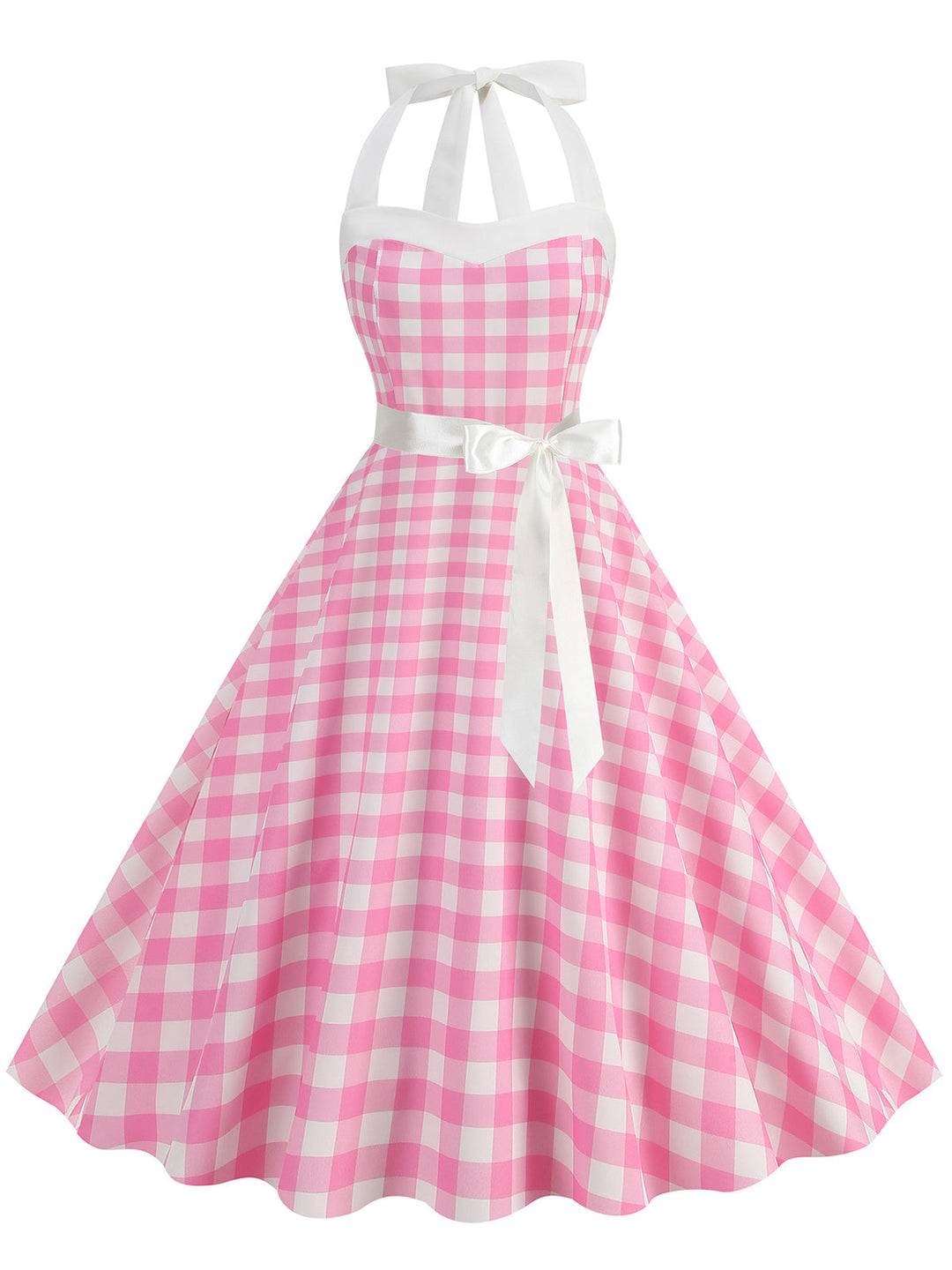 She slips into this 1950s Polka Dot Halter Belt Swing Dress and suddenly it&