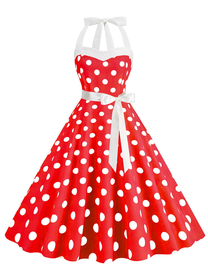 This 1950s Polka Dot Halter Belt Swing Dress wraps her in 1950s elegance, one twirl at a time