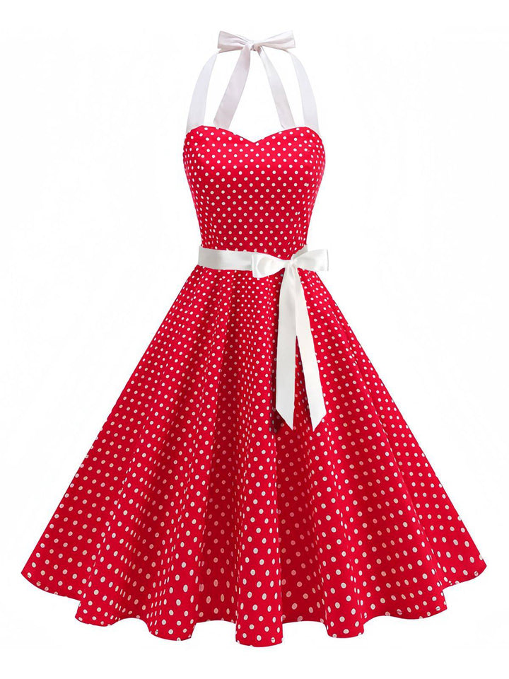 1950s Polka Dot Halter Belted Swing Dress | vintage dress, retro fashion, elegant style - perfect for retro fashion enthusiasts