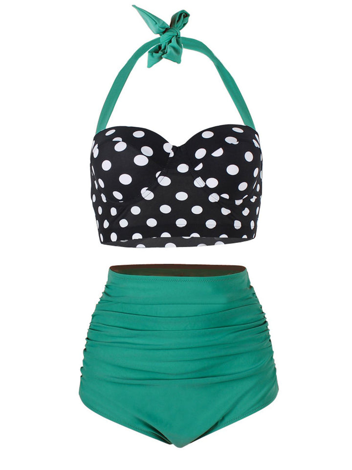 1950s Polka Dot Halter Pleated Bikini — vintage elegance for the modern woman
