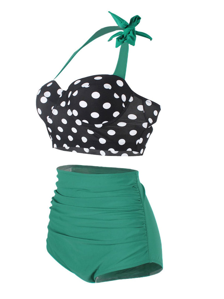 1950s Polka Dot Halter Pleated Bikini, classic 1950s style summer beach collection - Image 2