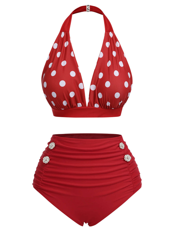 Red 1950s Polka Dot Halter Separate Swimsuit, vintage swimsuit, pin-up swimwear - perfect for women who love vintage and retro fashion
