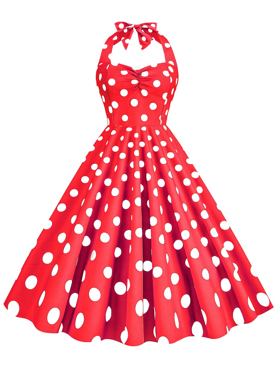 She slips into this 1950s Polka Dot Halter Swing Dress and suddenly it&