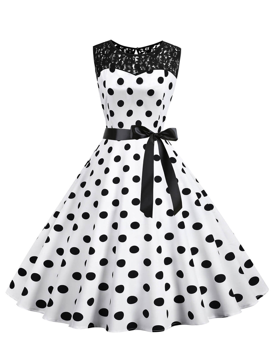 She slips into this 1950s Polka Dot Lace Patchwork Dress and suddenly it&