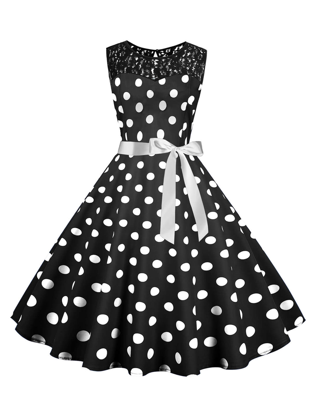 She slips into this 1950s Polka Dot Lace Patchwork Dress and suddenly it&