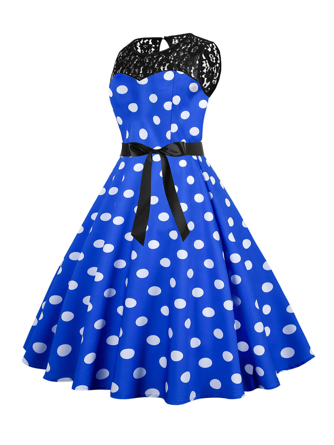 She slips into this 1950s Polka Dot Lace Patchwork Dress and suddenly it&