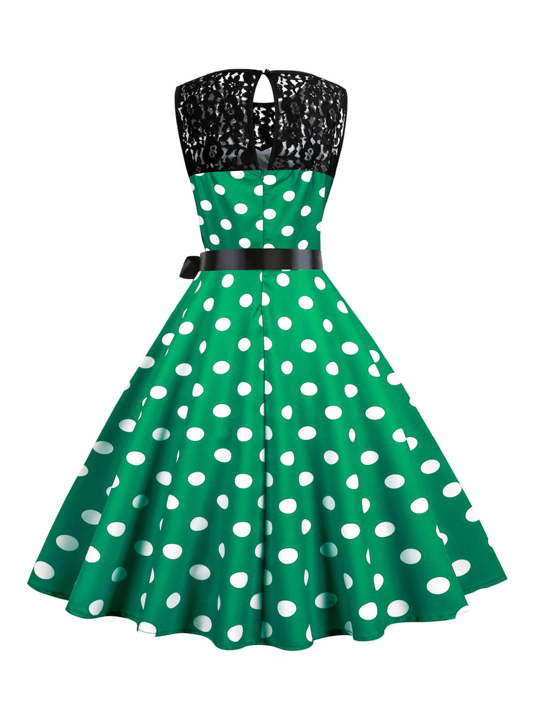 She slips into this 1950s Polka Dot Lace Patchwork Dress and suddenly it&