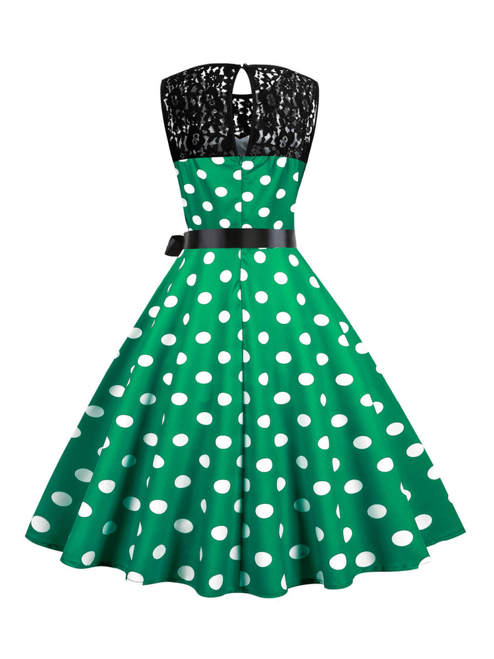 She slips into this 1950s Polka Dot Lace Patchwork Dress and suddenly it&
