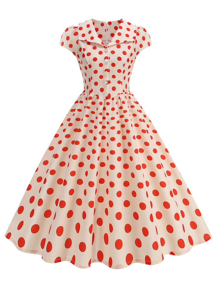 1950s Polka Dot Lapel Collar Cap Sleeve Swing Dress, vintage dress, retro fashion, rockabilly, pin-up fashion - perfect for women who love vintage and retro fashion