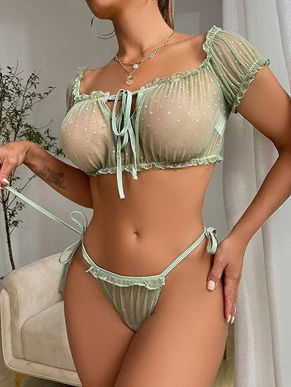 Polka Dot Mesh Tie Off Shoulder Sleepwear 9