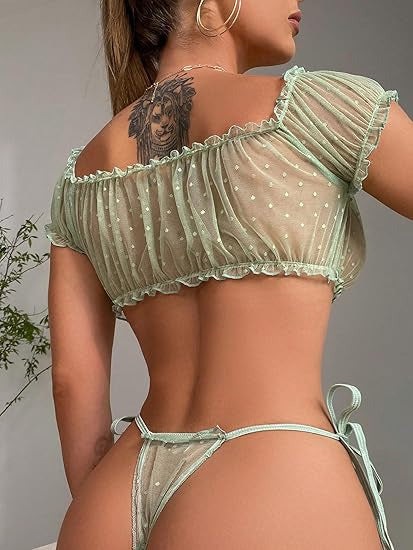 Polka Dot Mesh Tie Off Shoulder Sleepwear 10
