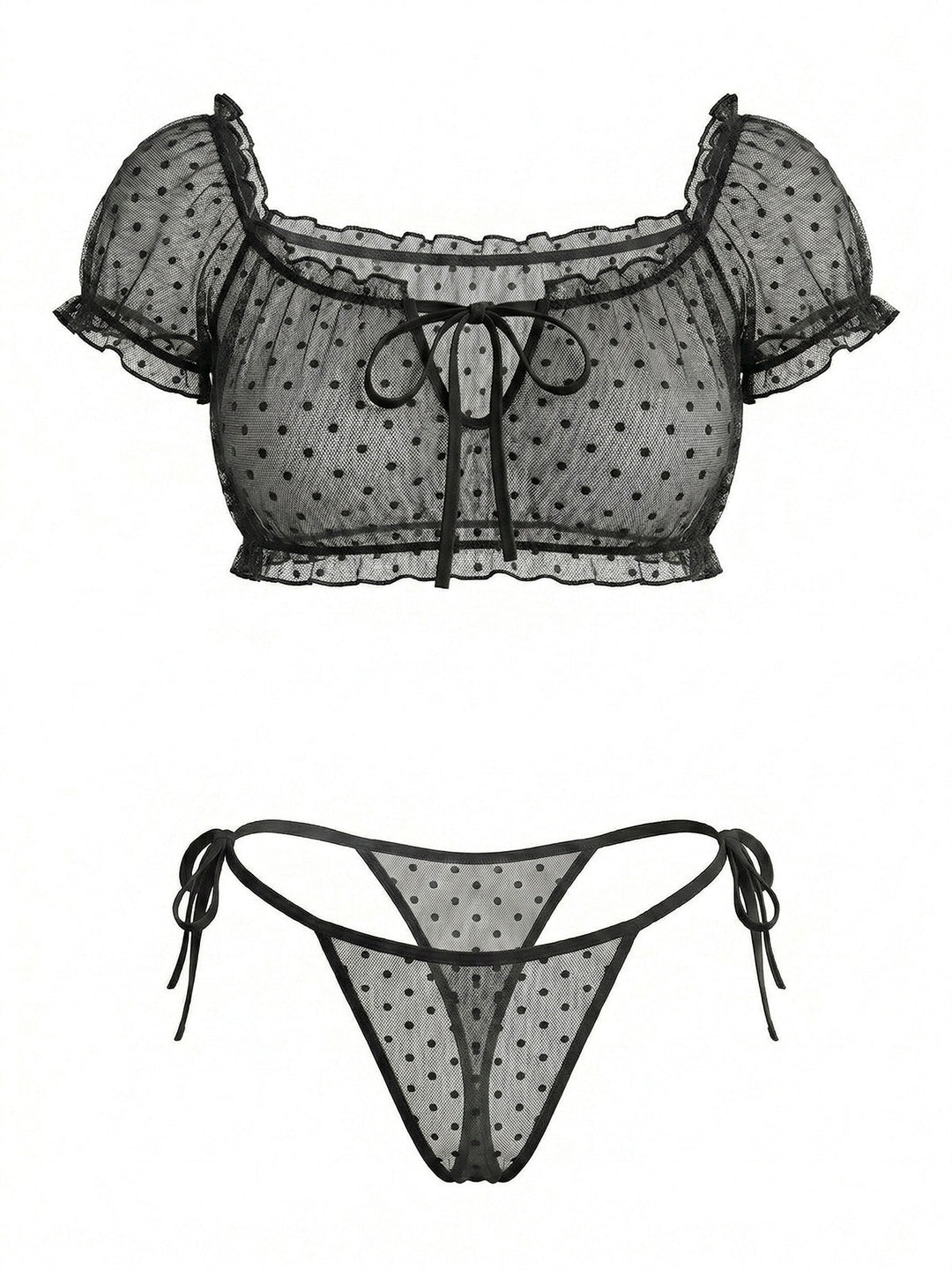 Polka Dot Mesh Tie Off Shoulder Sleepwear