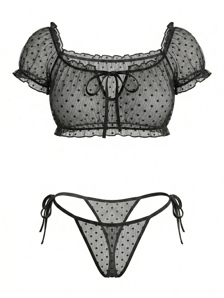 Polka Dot Mesh Tie Off Shoulder Sleepwear