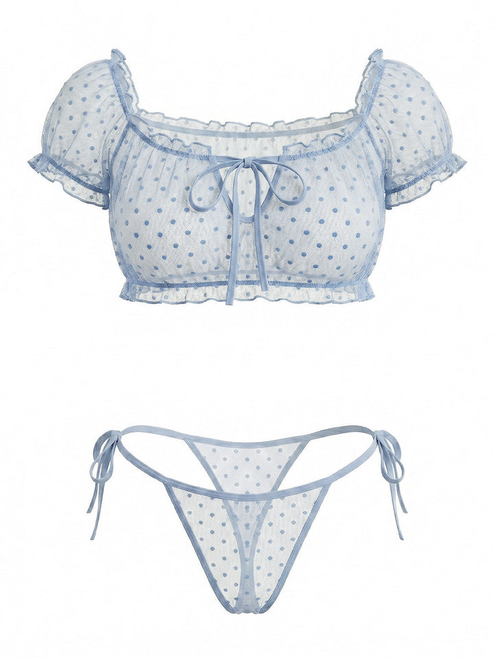 Polka Dot Mesh Tie Off Shoulder Sleepwear 4