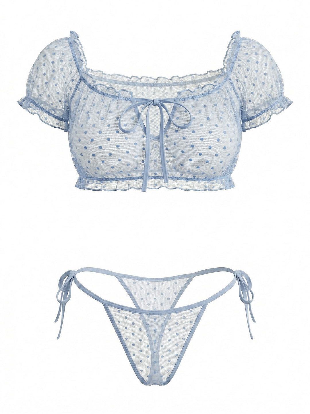 1950s Polka Dot Mesh Tie Off Shoulder Sleepwear 4