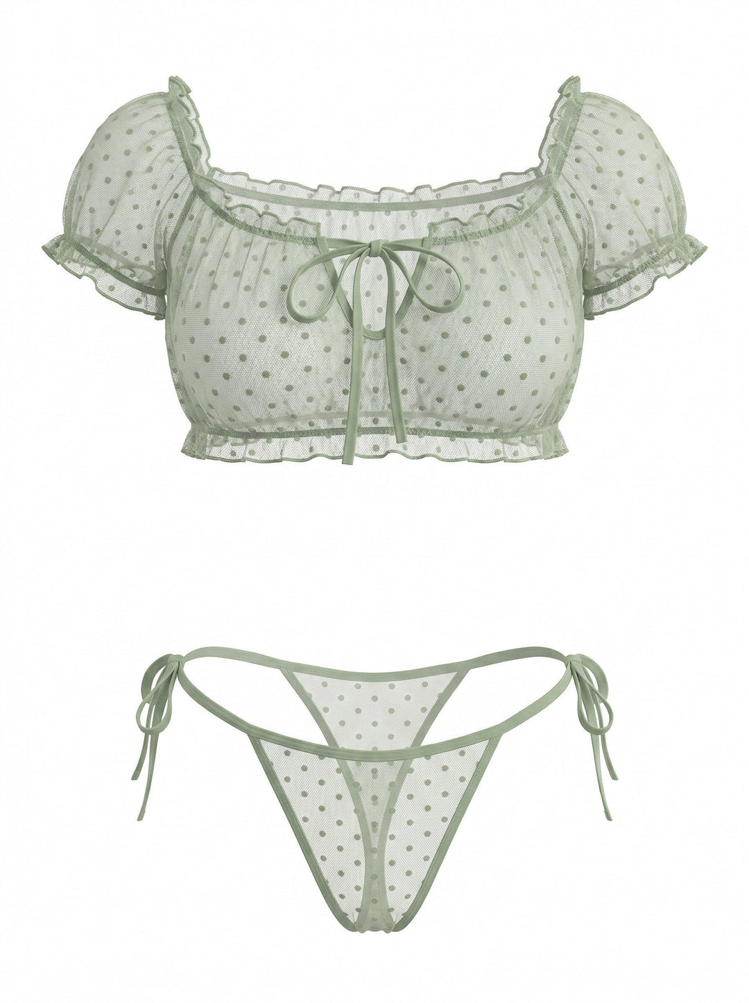 Polka Dot Mesh Tie Off Shoulder Sleepwear 8
