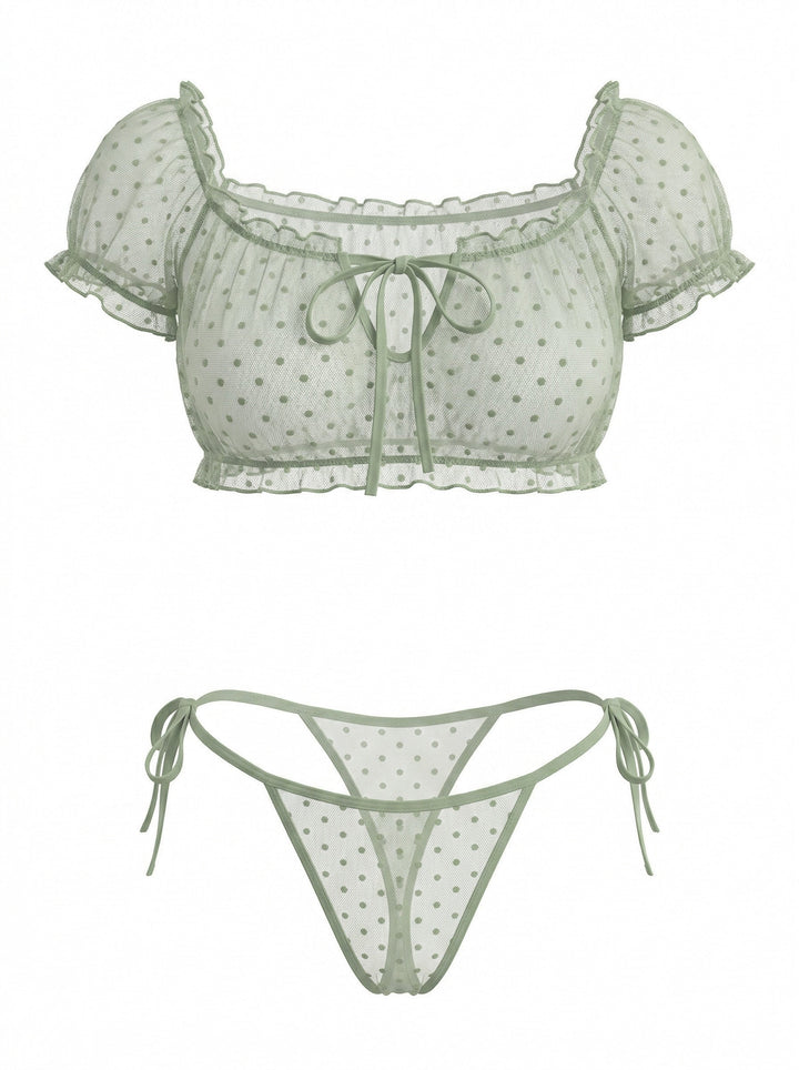 1950s Polka Dot Mesh Tie Off Shoulder Sleepwear 8